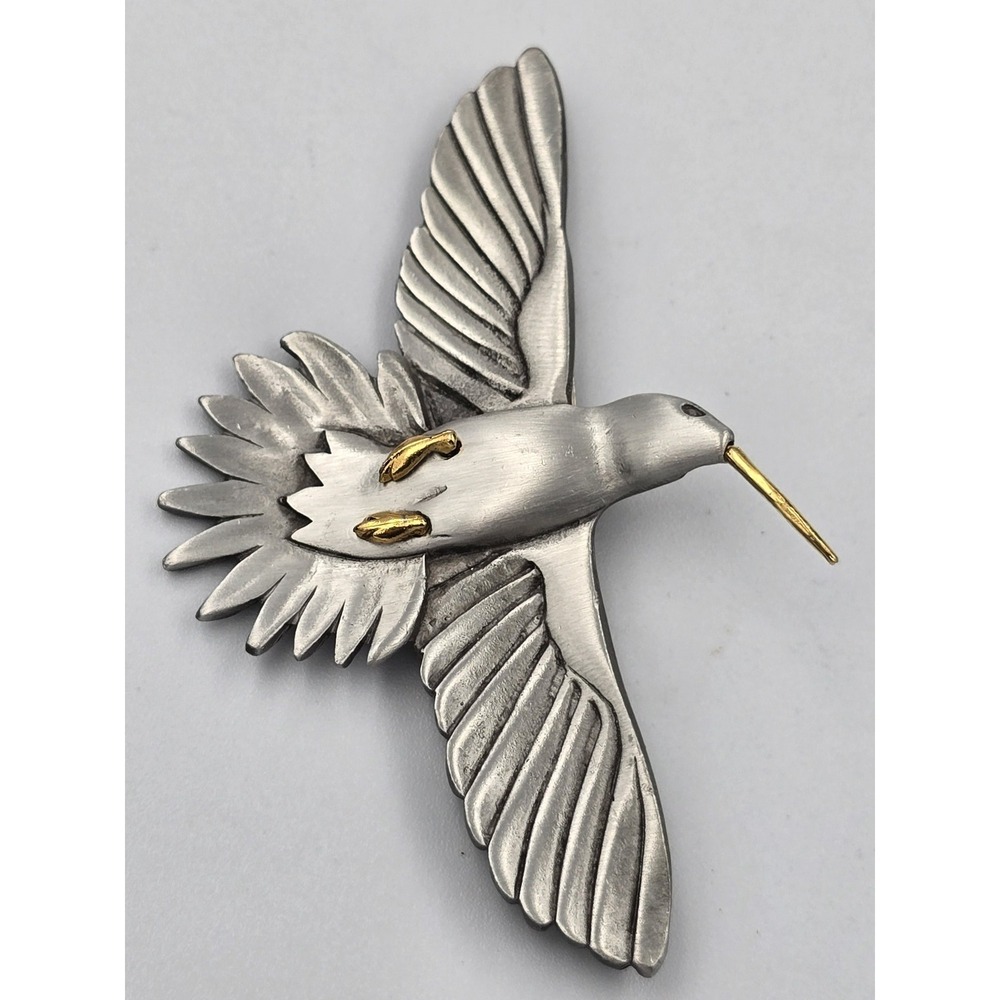 Vintage SHIELDS Pewter Hummingbird Brooch Pin Silver Tone Gold Accents Bird